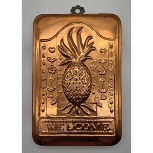 Pineapple Welcome Wall Hanging Plaque Copper Tone Embossed Metal Sign Vintage